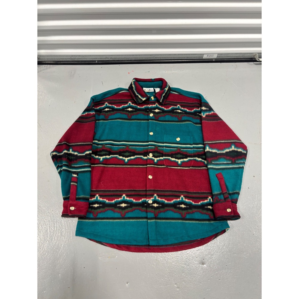 Vintage Blazer Mens Fleece Shirt‎ Large Aztec Southwestern Burgundy Button Up
